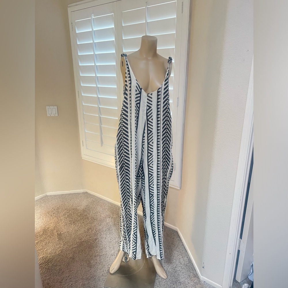 Etam Striped Lightweight Sleeves Cotton Jumpsuit‎ Pocket Beach Boho Coverup Sz M